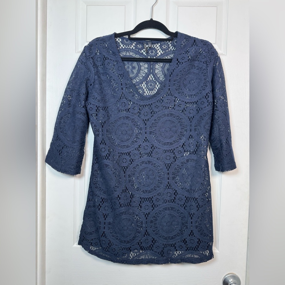 Portocruz Navy Crochet Lace Tunic Top Sheer Boho 3/4 Sleeve M